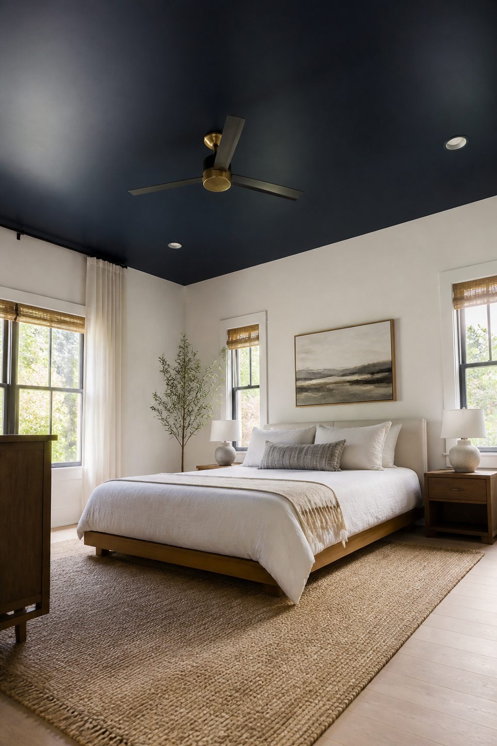 A painted ceiling in a bedroom contrasting with white walls.