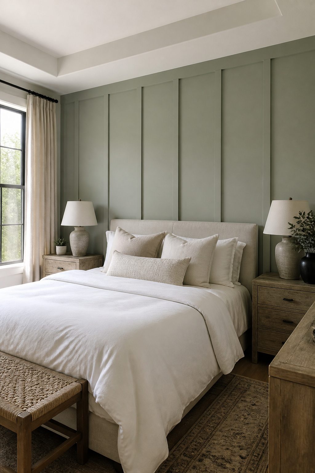 A board and batten accent wall behind a bed with wooden nightstands.