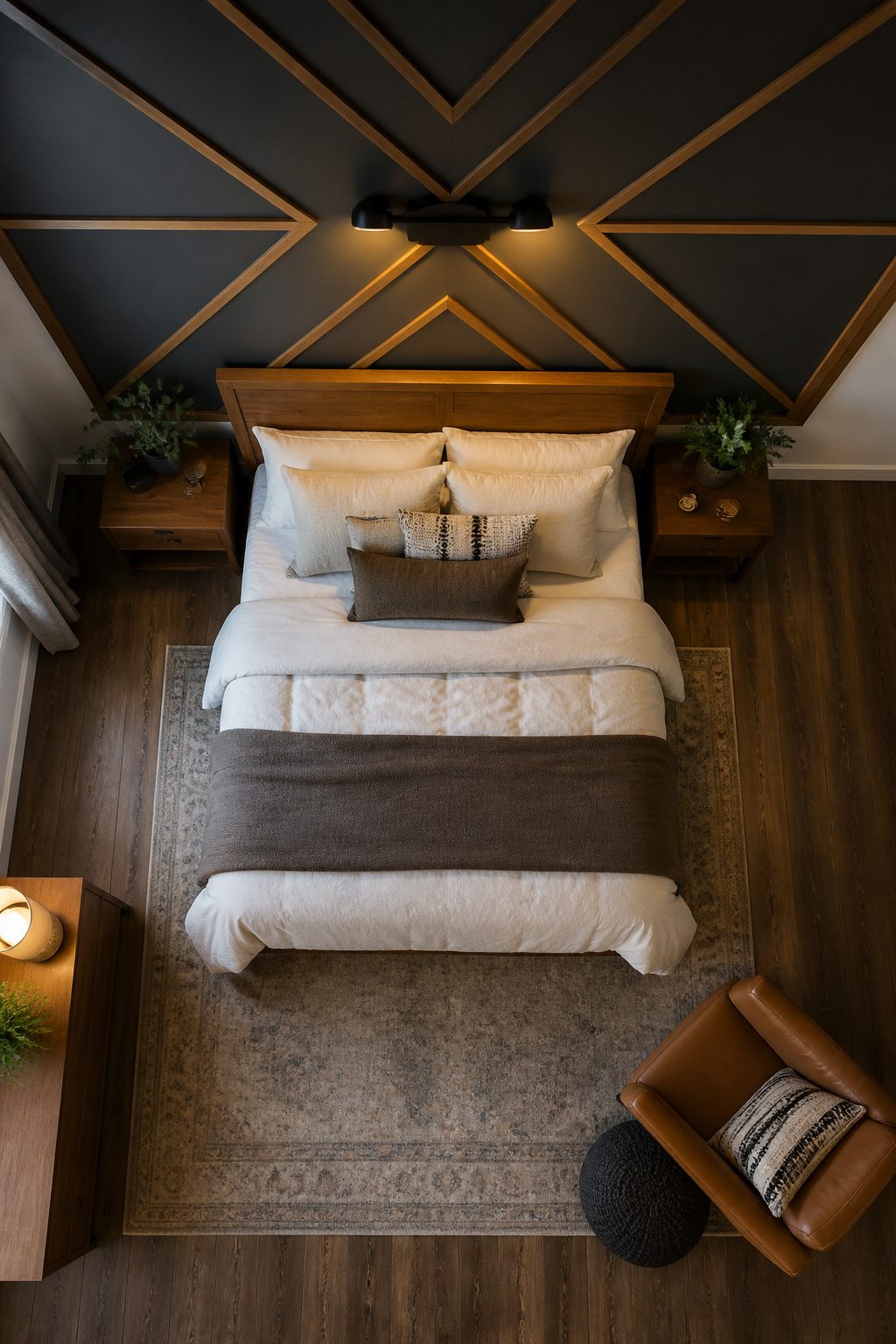 A wall with geometric wood trim featuring diagonal and X-pattern designs.
