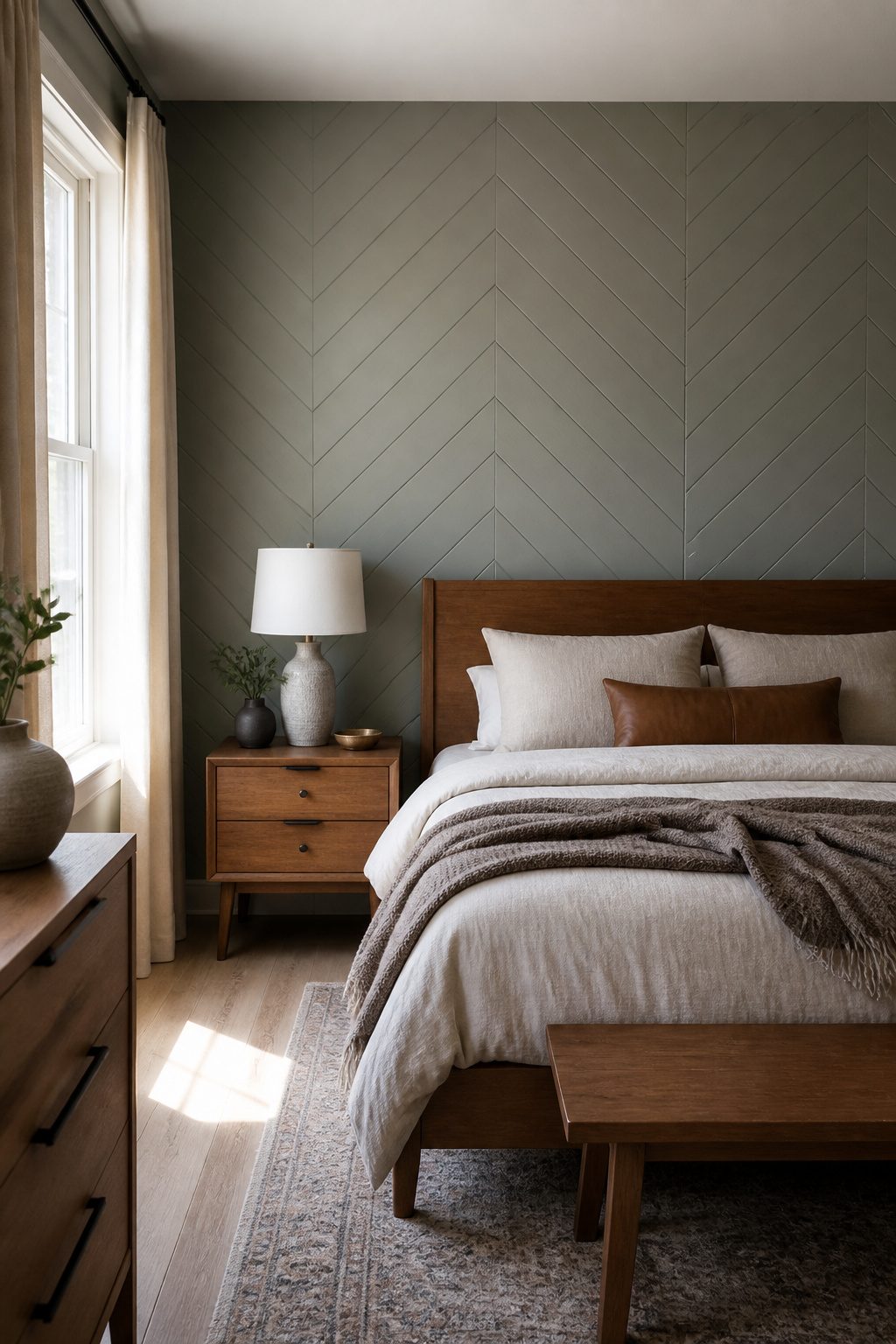A herringbone panel wall with a subtle V-pattern in a bedroom.