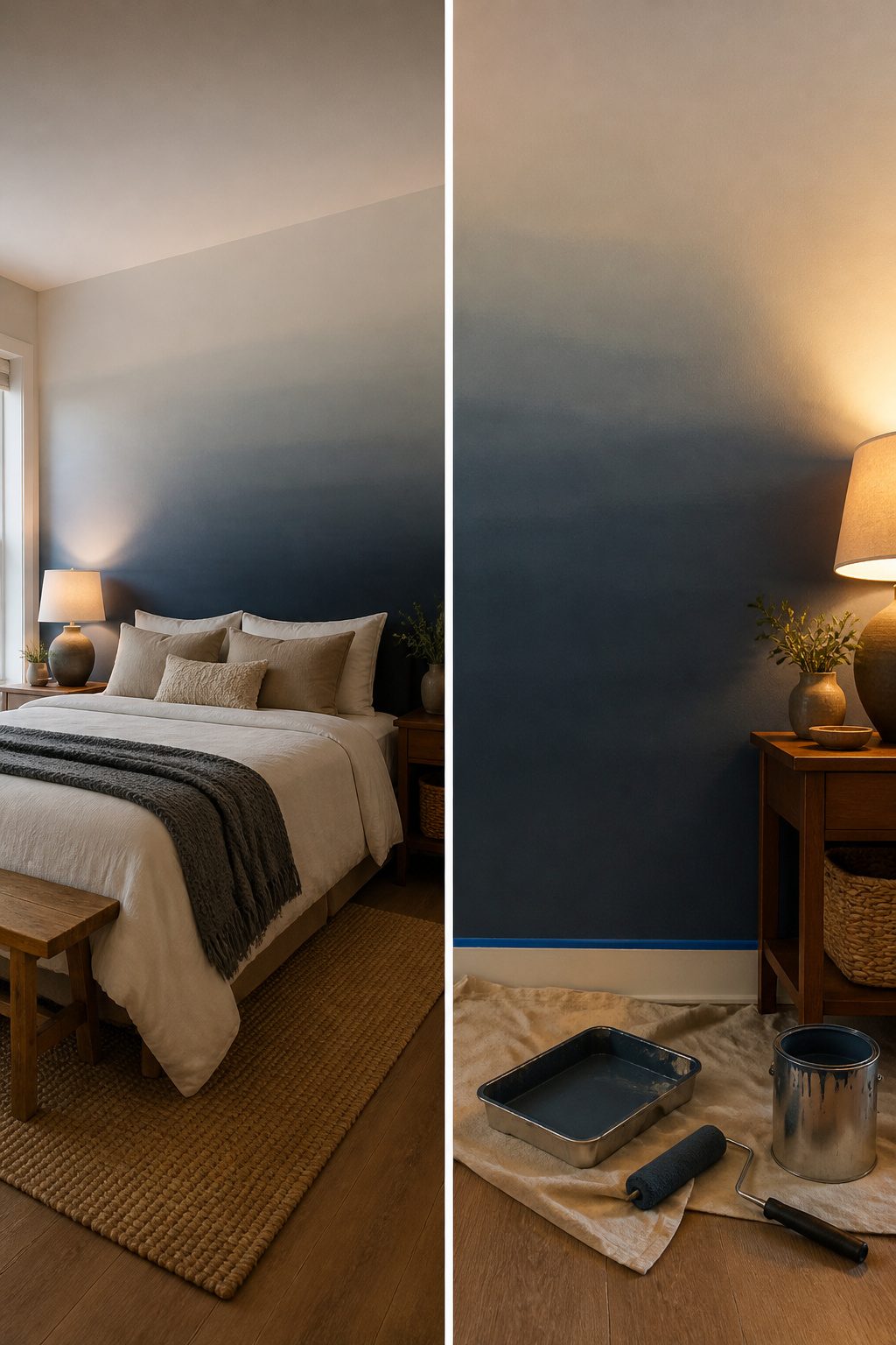 An ombre-painted wall fading from light to dark blue.