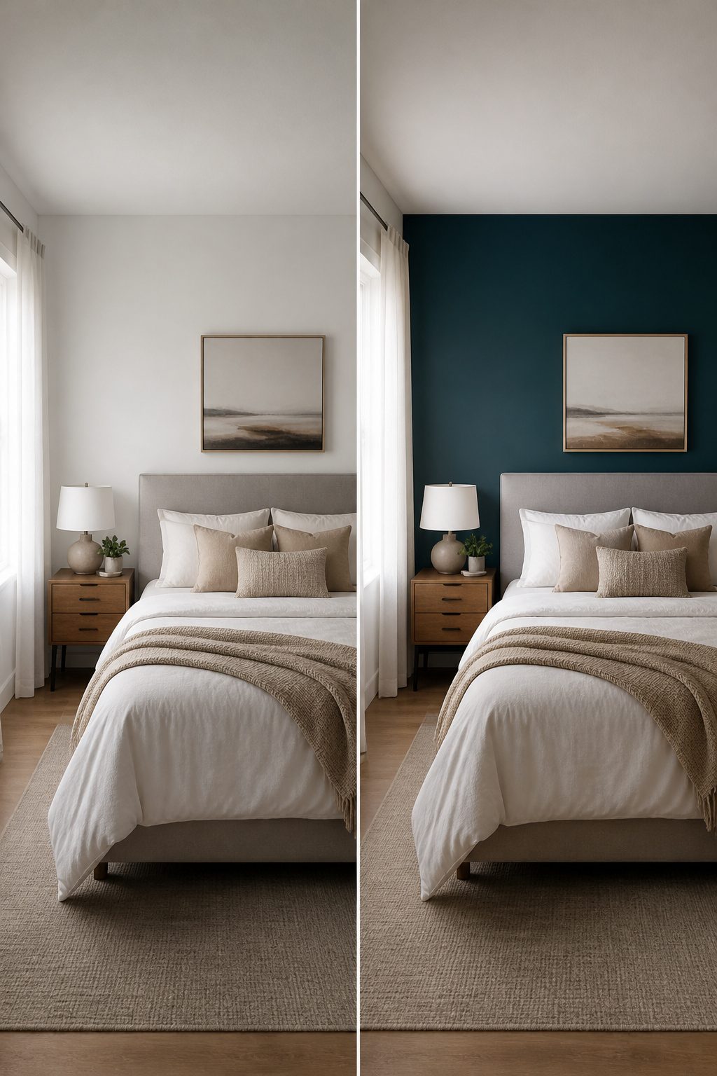 An accent wall painted in a rich color behind a bed.