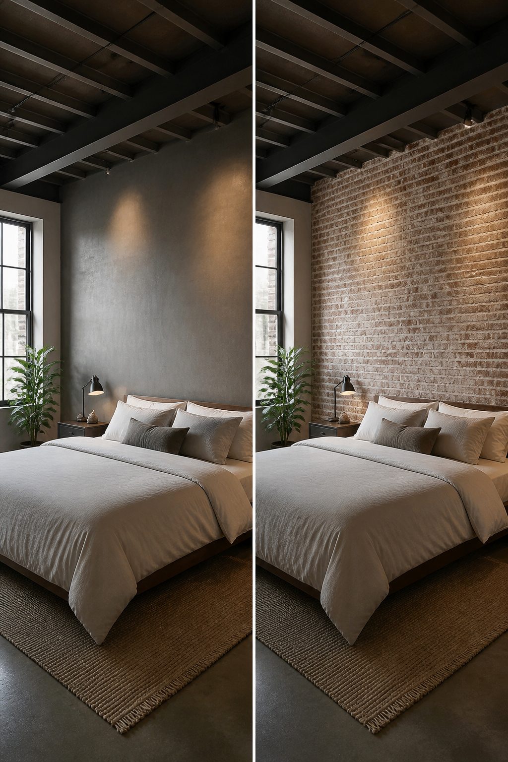 Faux brick paneling covers a wall in a stylish bedroom.