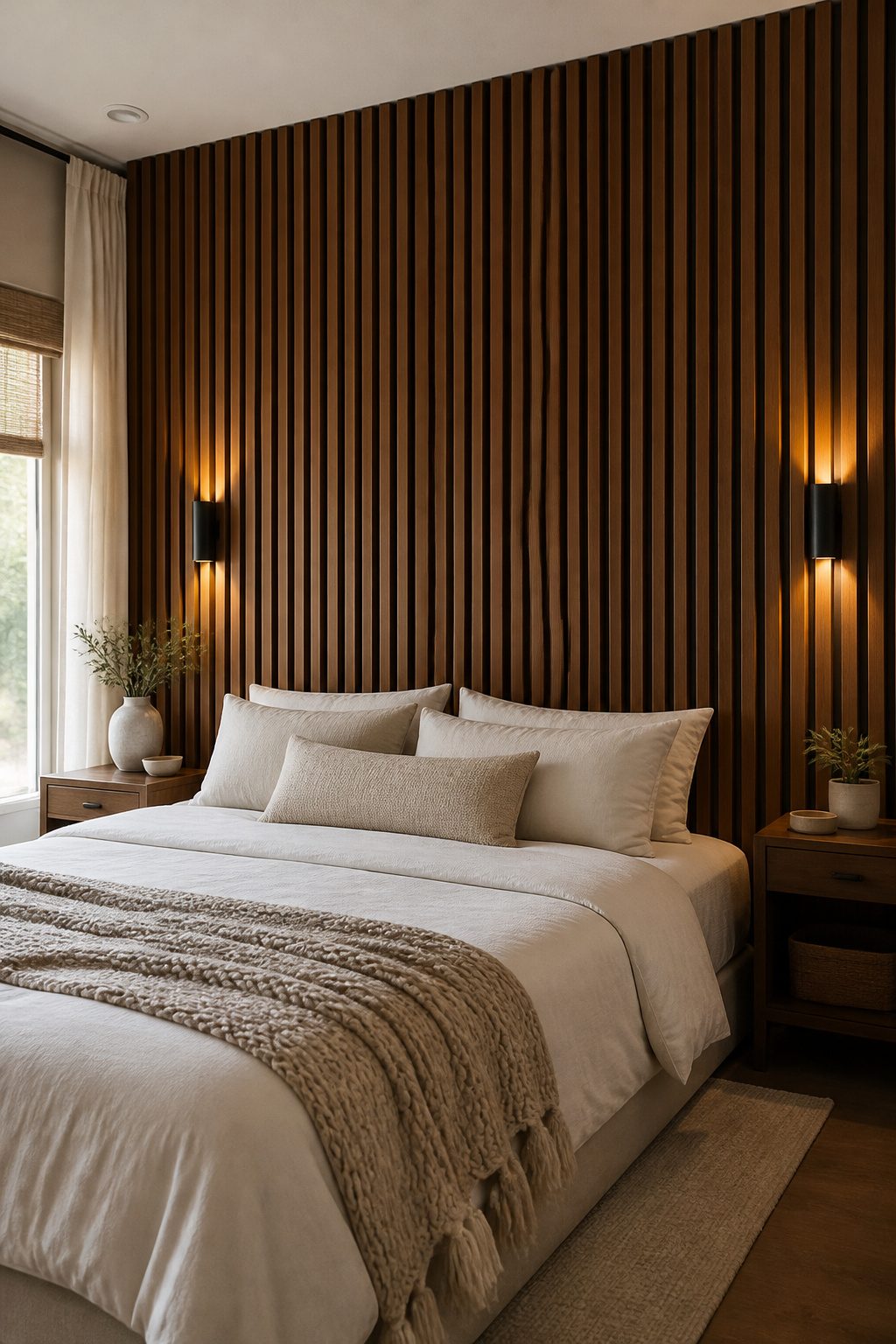 A vertical wood slat accent wall in a modern bedroom with sconces.