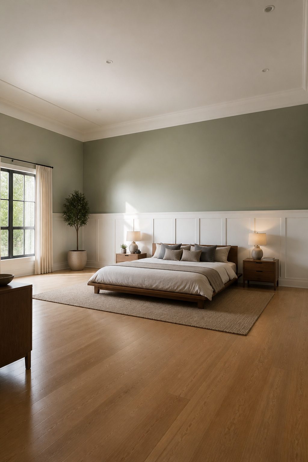 Wainscoting paneling on a wall capped with a chair rail in a bedroom.