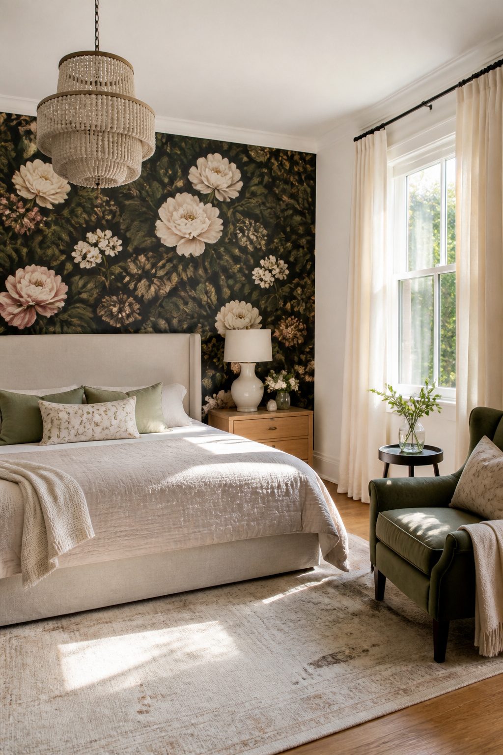 A floral wallpaper accent wall behind a neatly made bed.
