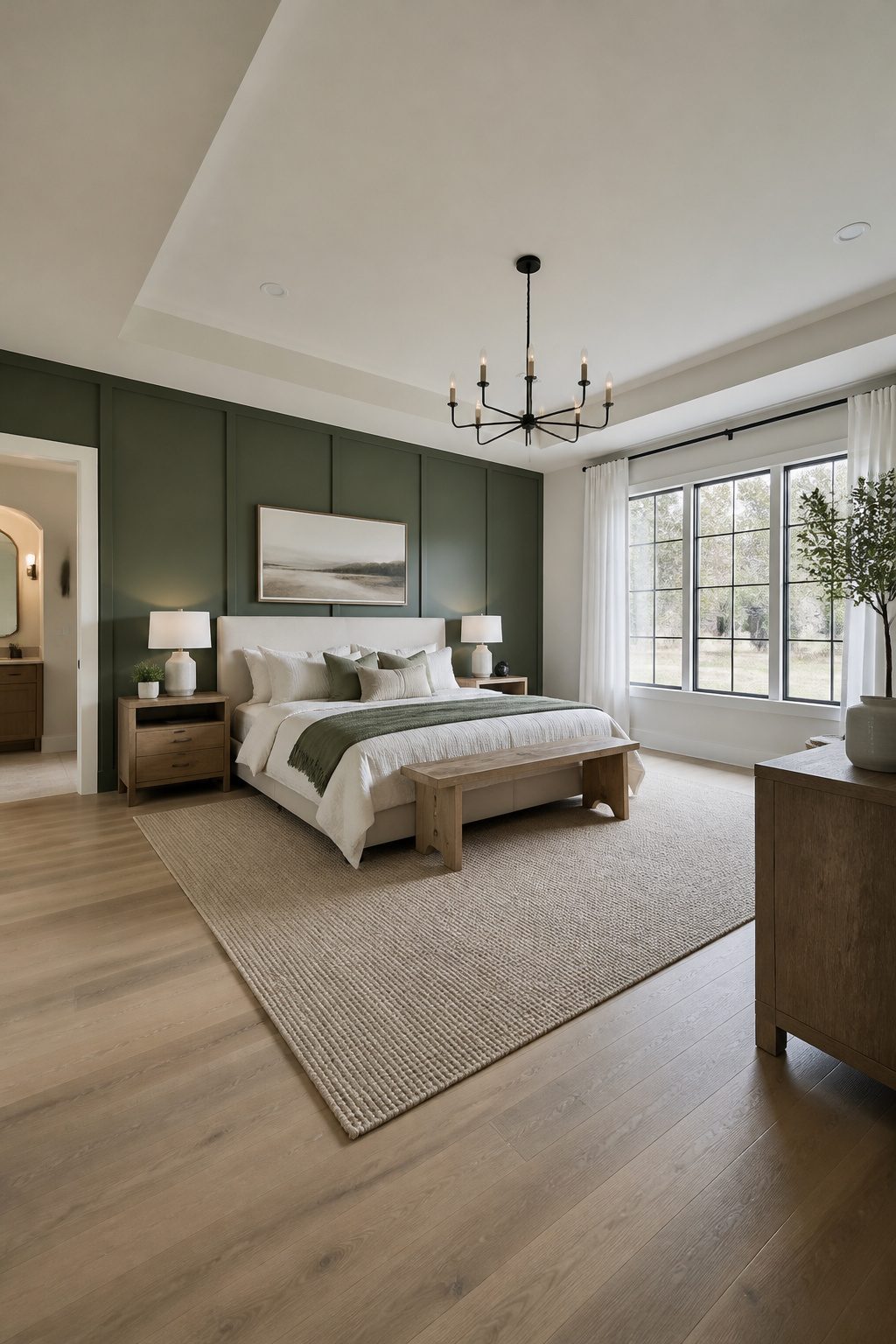 A bedroom featuring an accent wall behind the bed.