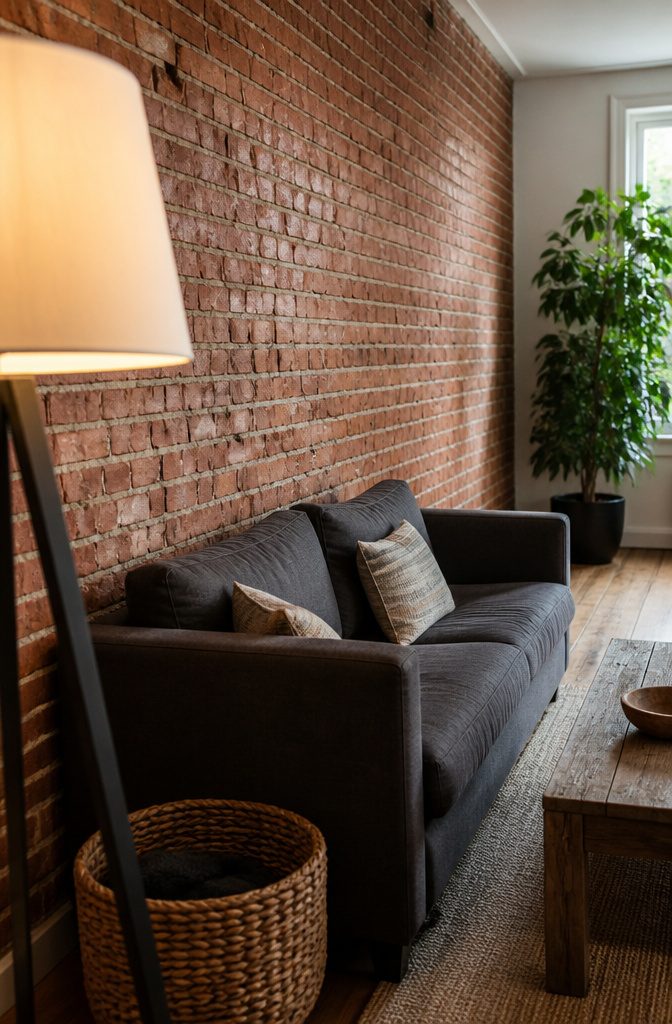 Exposed brick wall behind a living room seating area