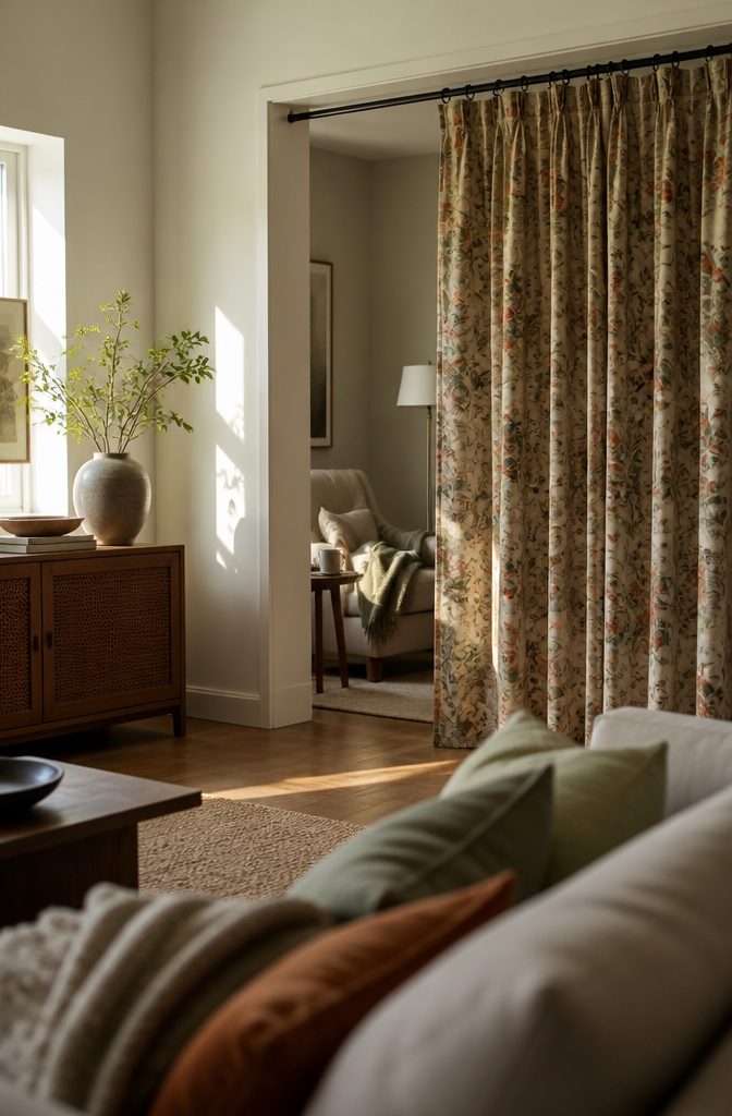 Floor-length floral curtain beside an armchair and small side table