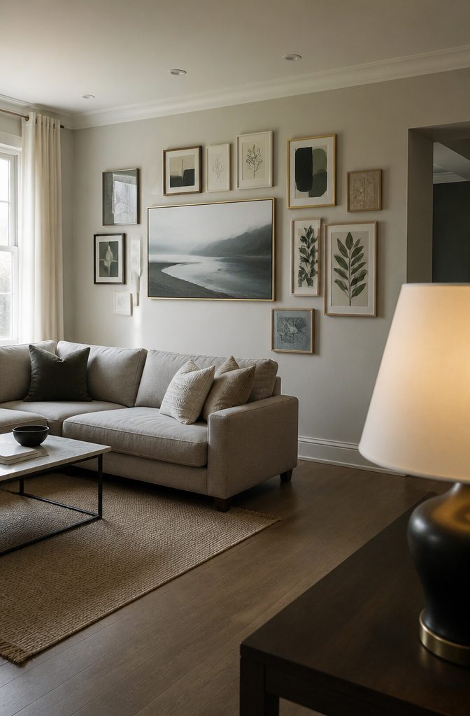 Large framed print hanging above a living room sofa