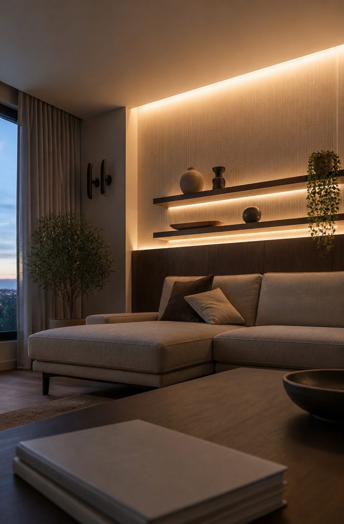 LED strips tucked behind floating shelves on a living room wall