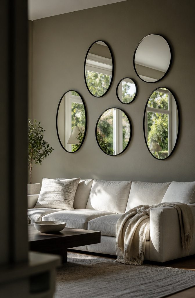 Round and oval mirrors arranged on a living room wall opposite a window