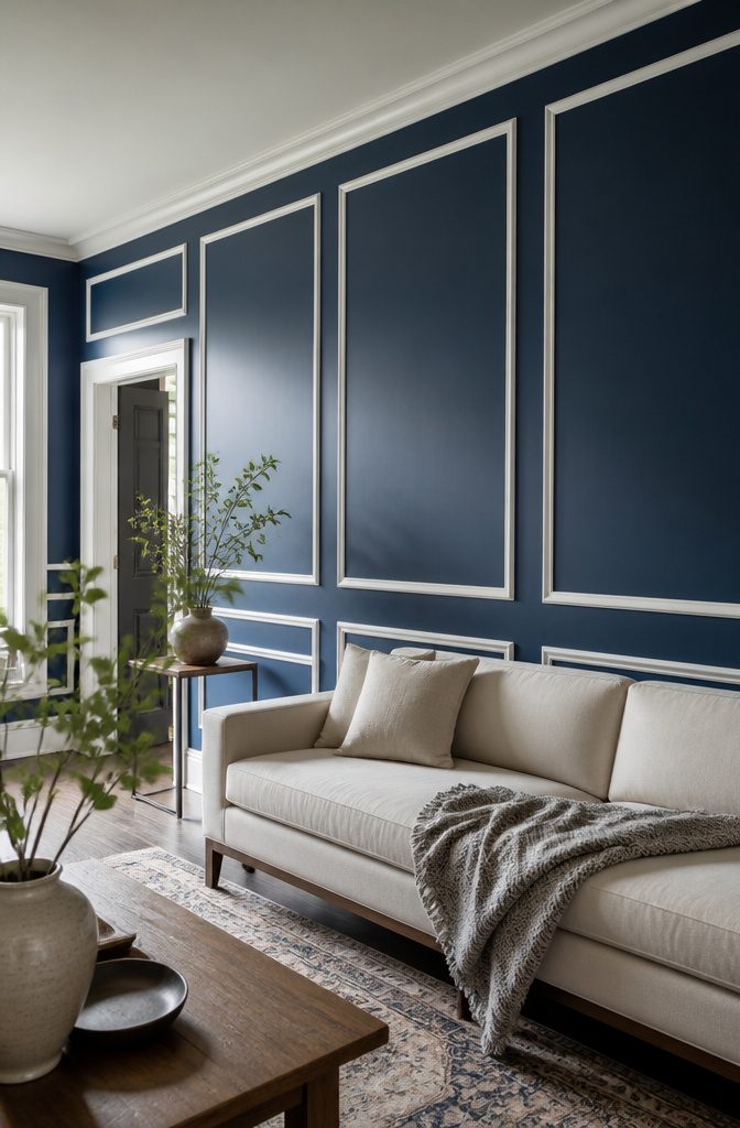 White rectangular molding panels on a deep blue living room wall