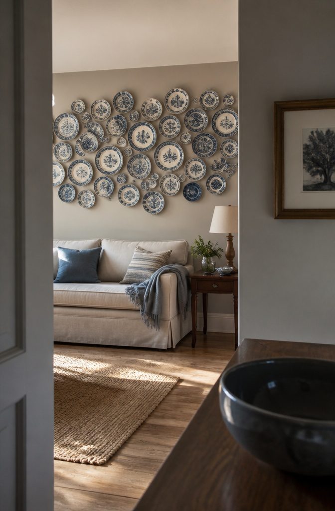 Antique blue and white plates arranged on a living room wall above a sofa