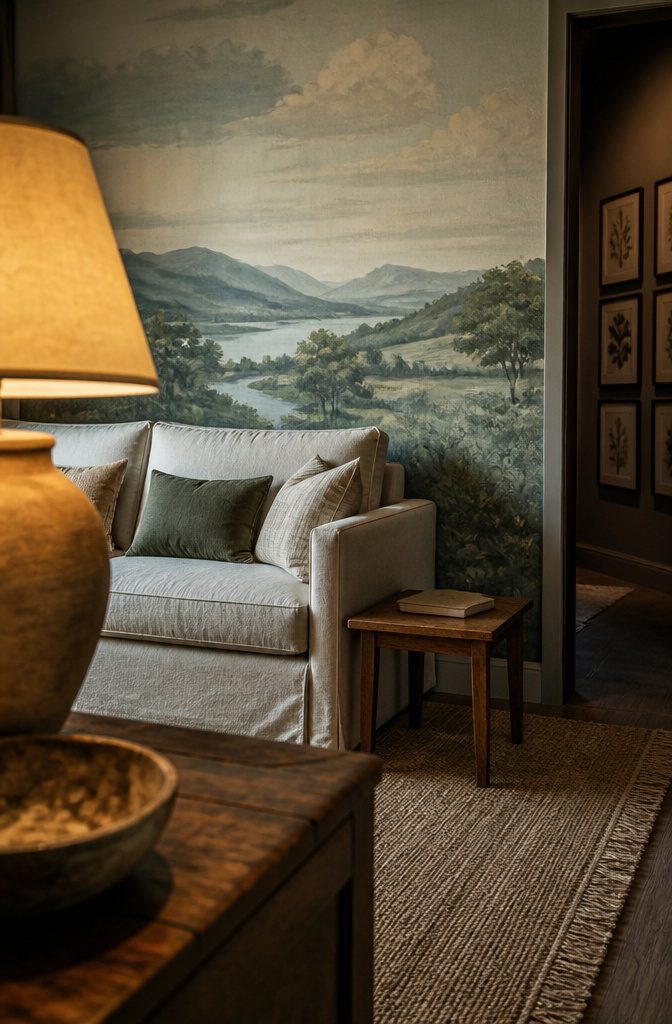 Painted landscape mural across a living room wall