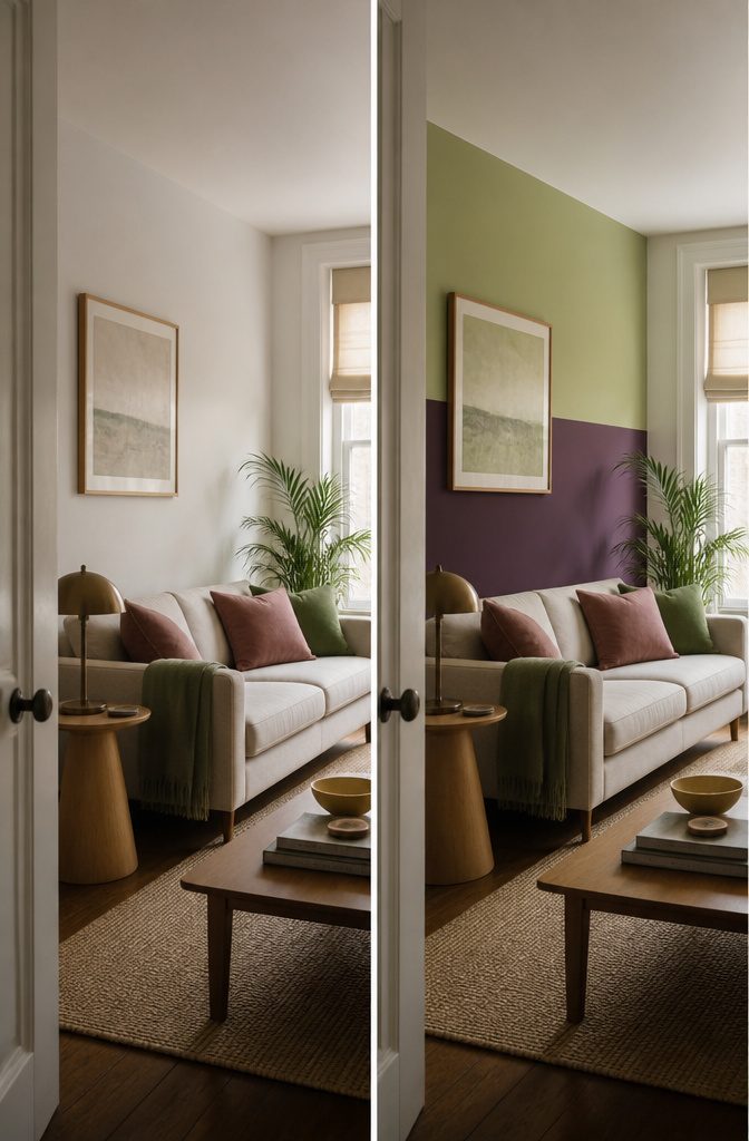 Living room wall painted eggplant on the lower half beside blush furnishings