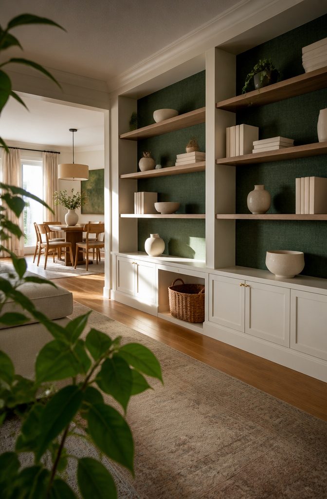 White ceramics on shelves with deep green backing in a pale built-in unit