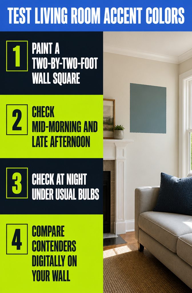 Paint color sample square on a living room wall near a sofa