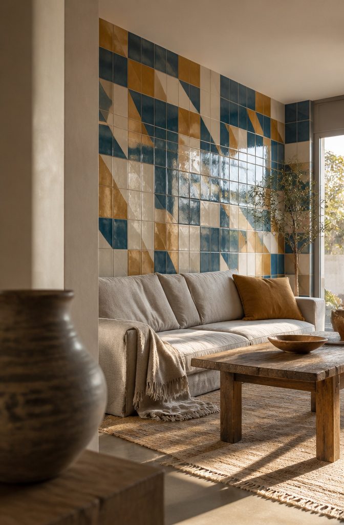 Glossy geometric ceramic tiles in blue white and ochre behind a sofa