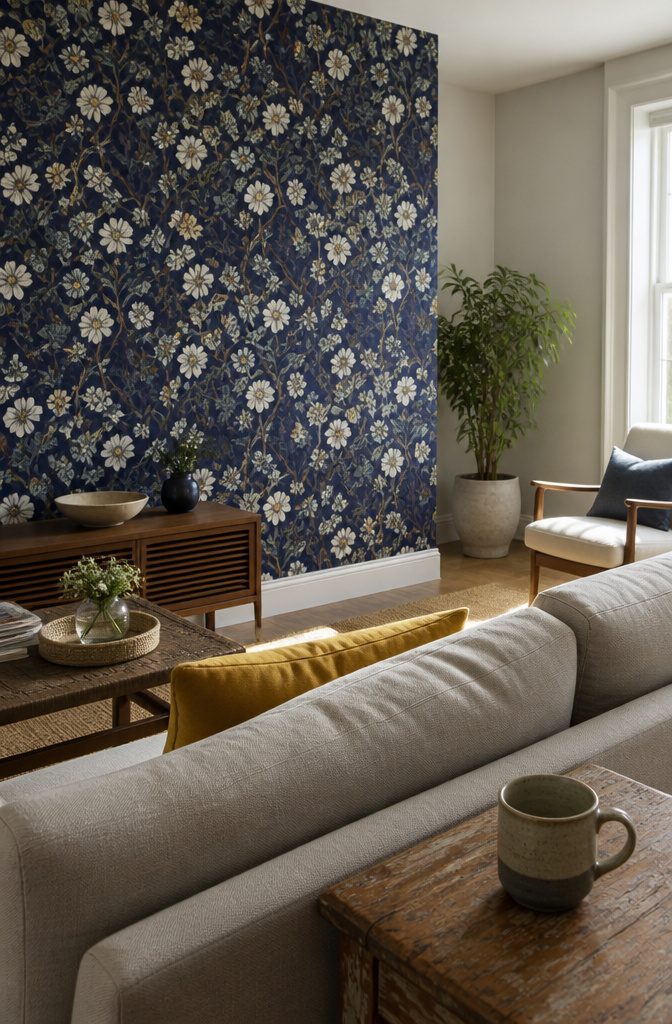 Living room wall covered in patterned removable wallpaper