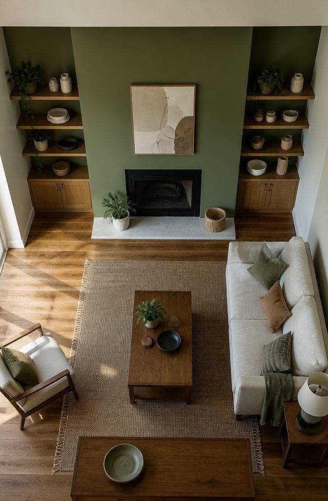 Living room fireplace wall with built-in shelves beside the seating area