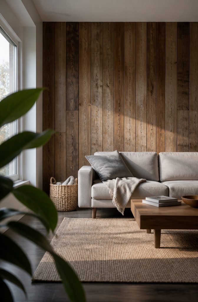 Weathered reclaimed wood planks cover a living room wall behind a sofa