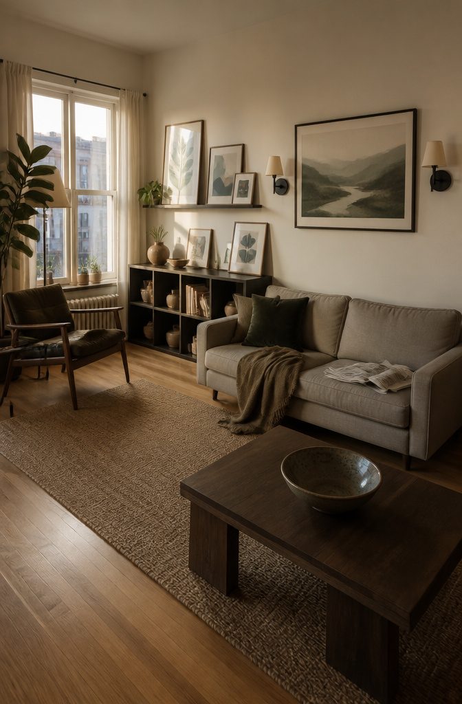 Framed prints and personal objects arranged on shelves in a living room