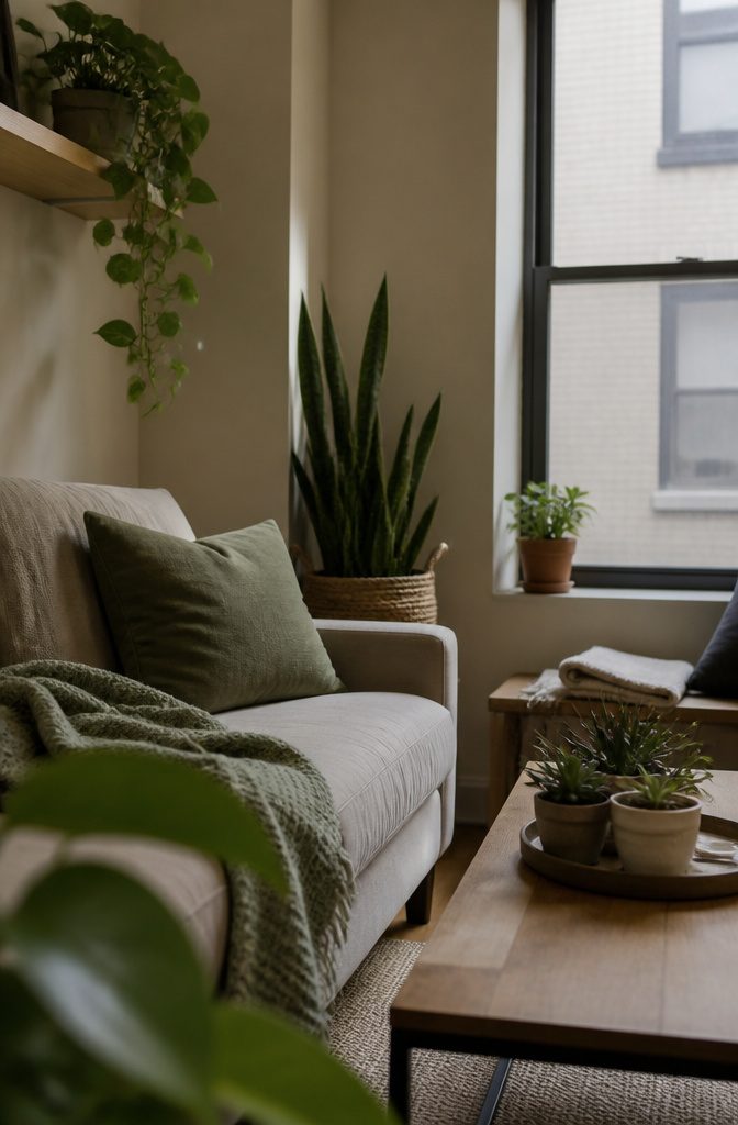 Tall leafy plant standing in an apartment living room corner