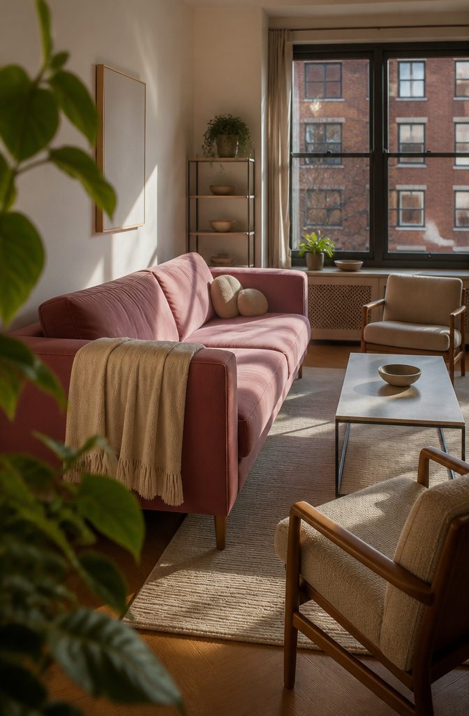 Bold pink sofa anchoring a small apartment living room