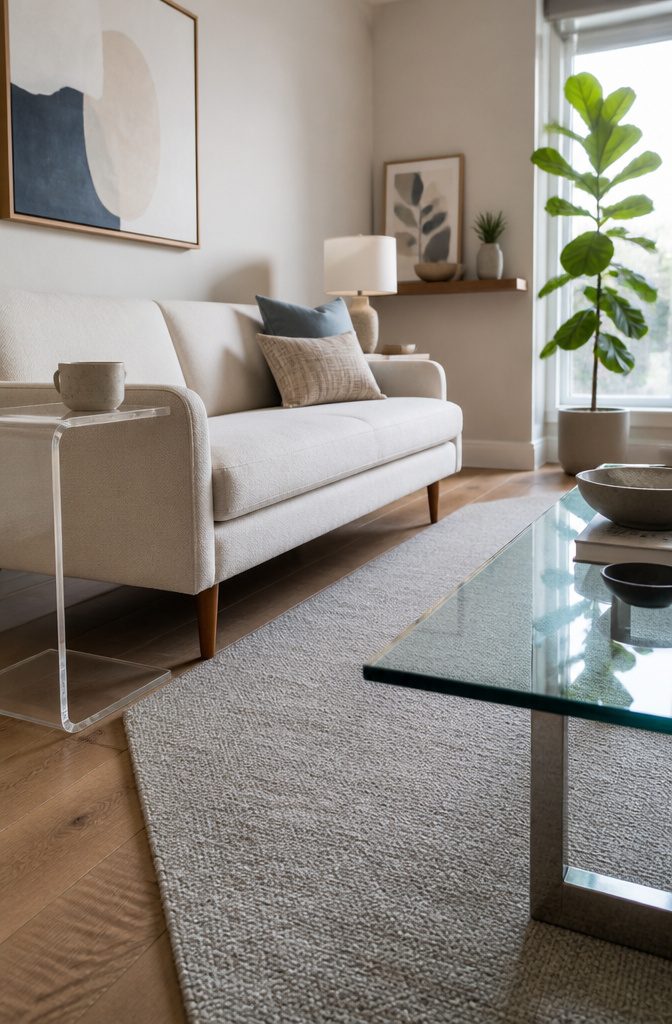 Glass coffee table with open base beside a mid-century sofa on tapered legs