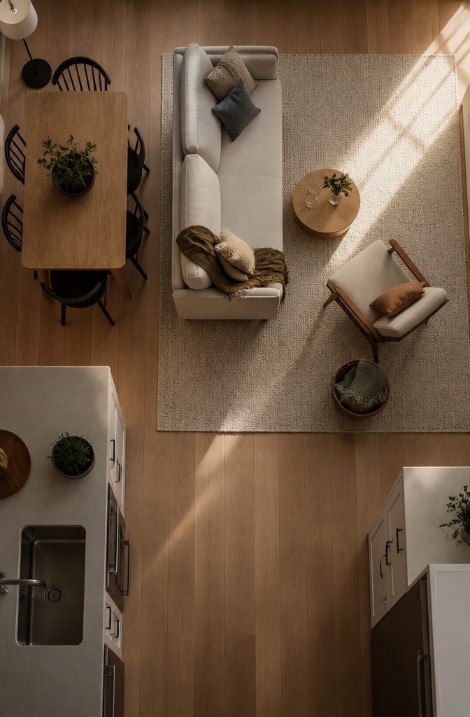 Sofa and angled chair arranged around a rug with an open walkway