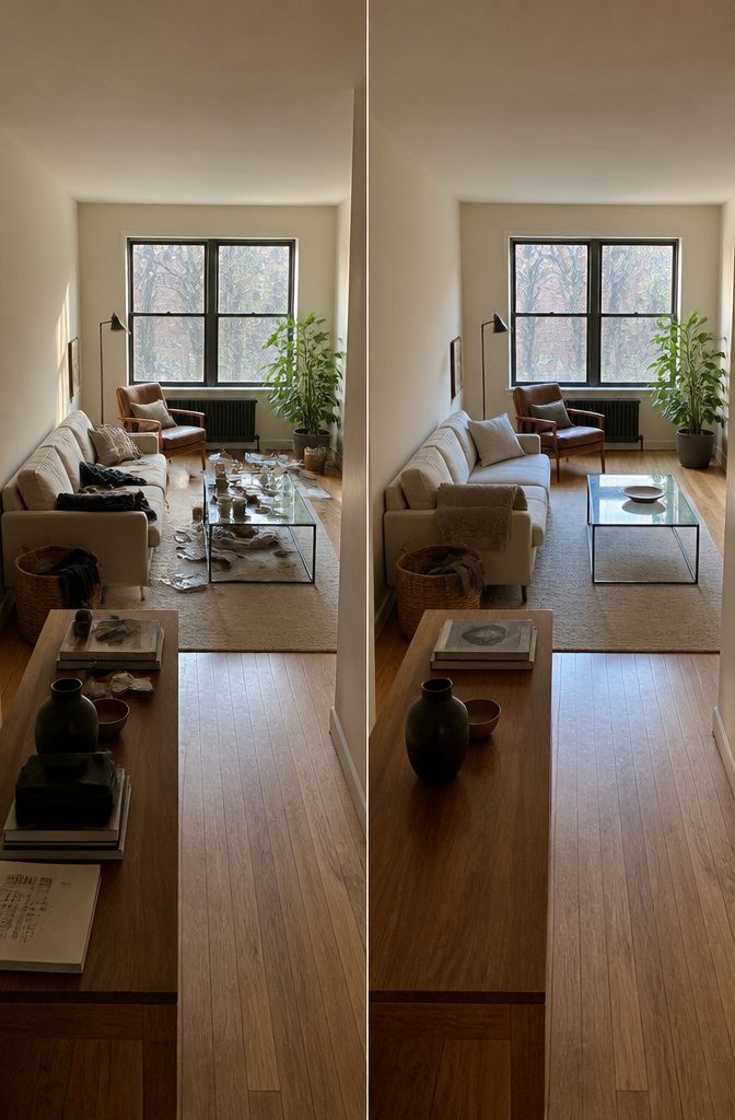 Living room seating with a cleared coffee table and neatly arranged pillows