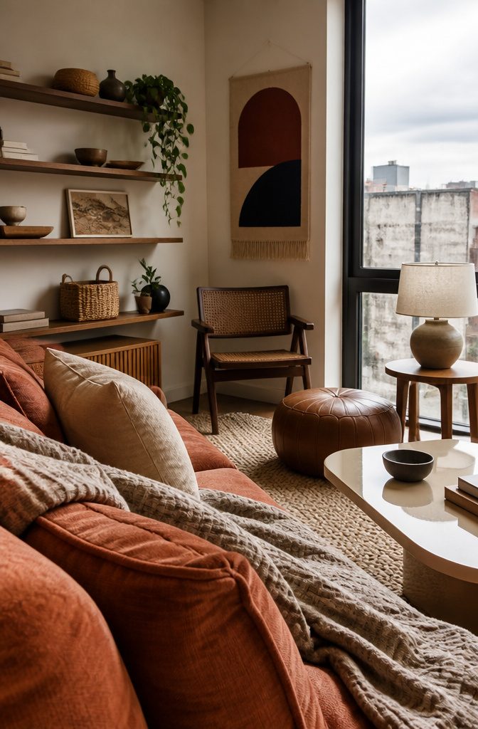 Rust-colored sofa with woven rug and wooden shelves in a layered living room