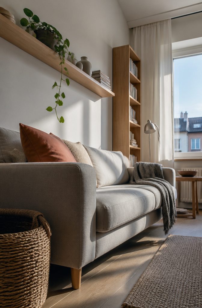 Tall bookcases and floating shelves arranged on an apartment living room wall
