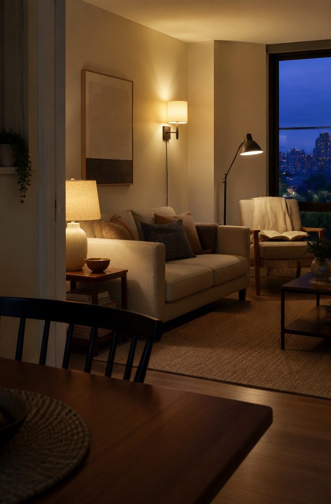 Floor lamp table lamp and plug-in sconce around apartment living room seating