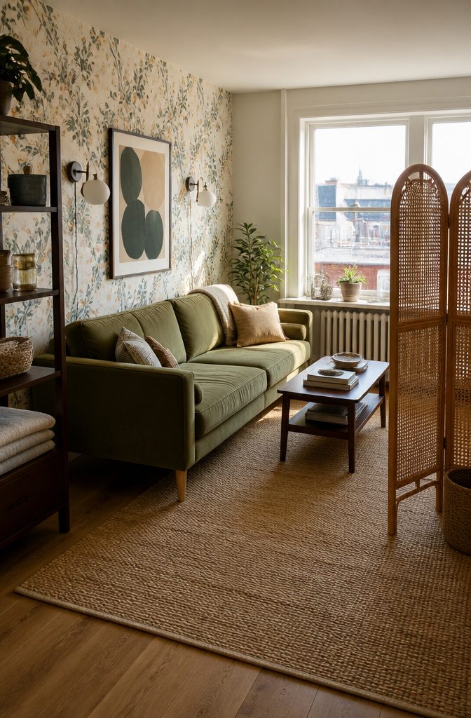 Sofa against botanical removable wallpaper with plug-in sconces and framed art