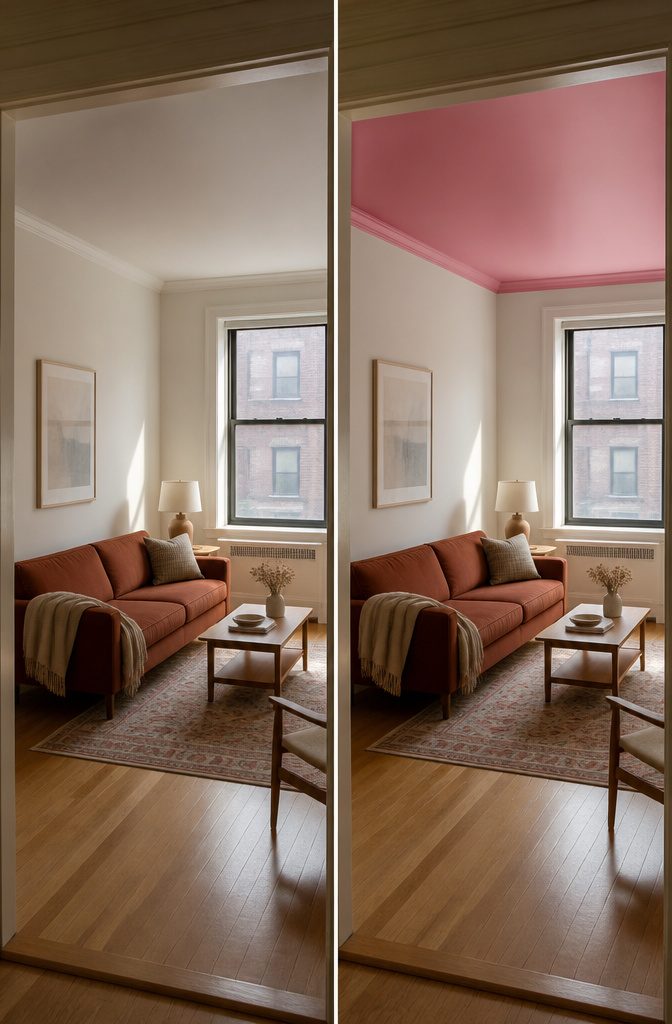 Apartment living room with neutral walls and a bold pink ceiling