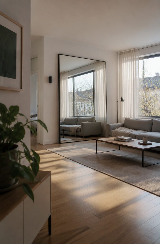 Living room window and a wall mirror reflecting natural light