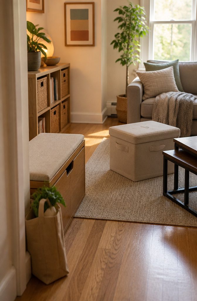 Nesting tables beside a sofa in a compact apartment living room