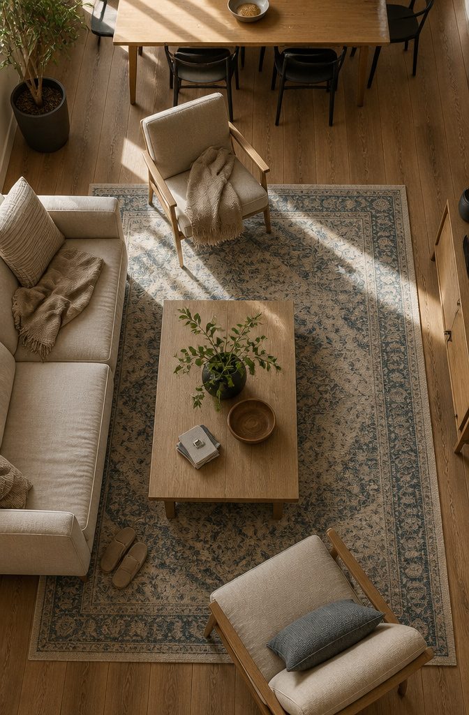 Large rug beneath a sofa and chairs in an apartment living room