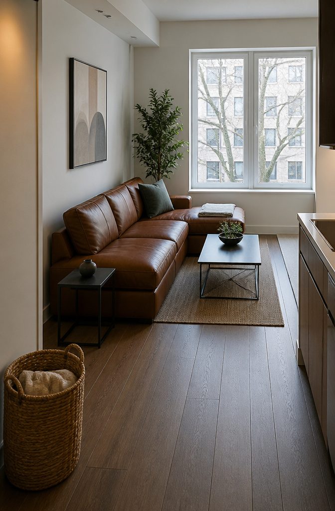 Brown modular leather sofa arranged in a compact apartment living room