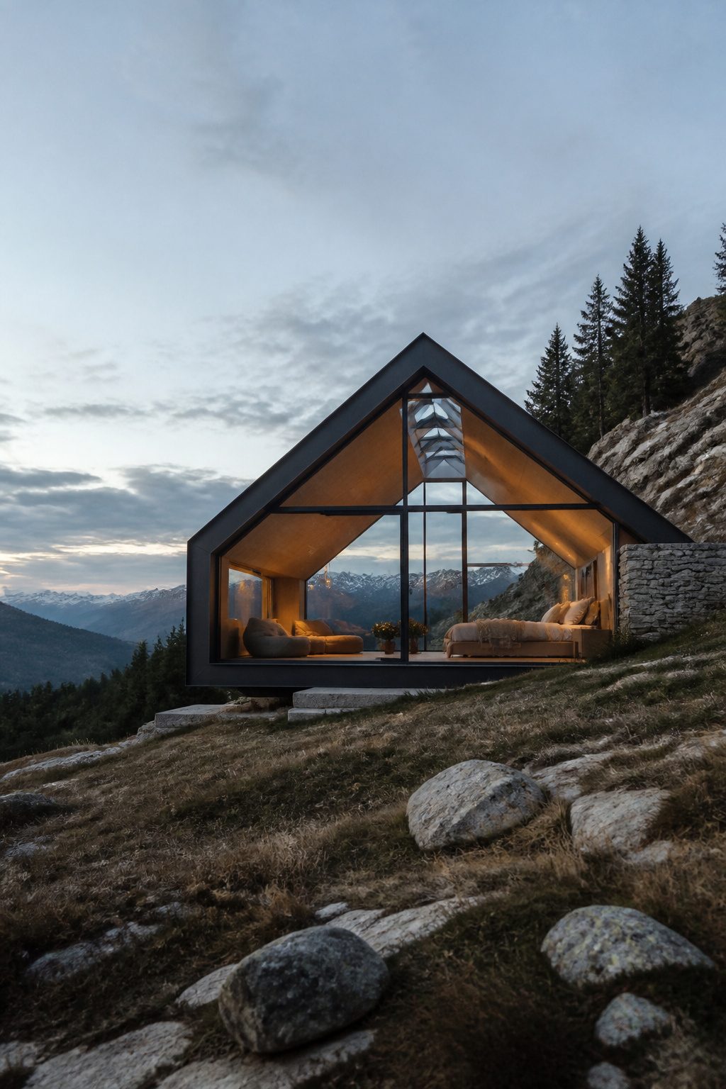 Attic bedroom with large glass panels and mountain view.