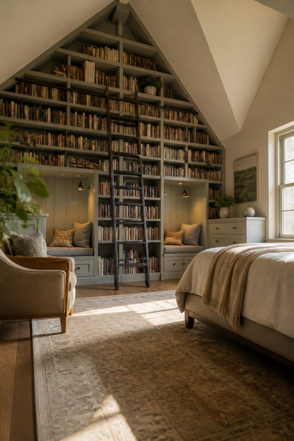 Attic bedroom with built-in bookshelves and a rolling ladder.