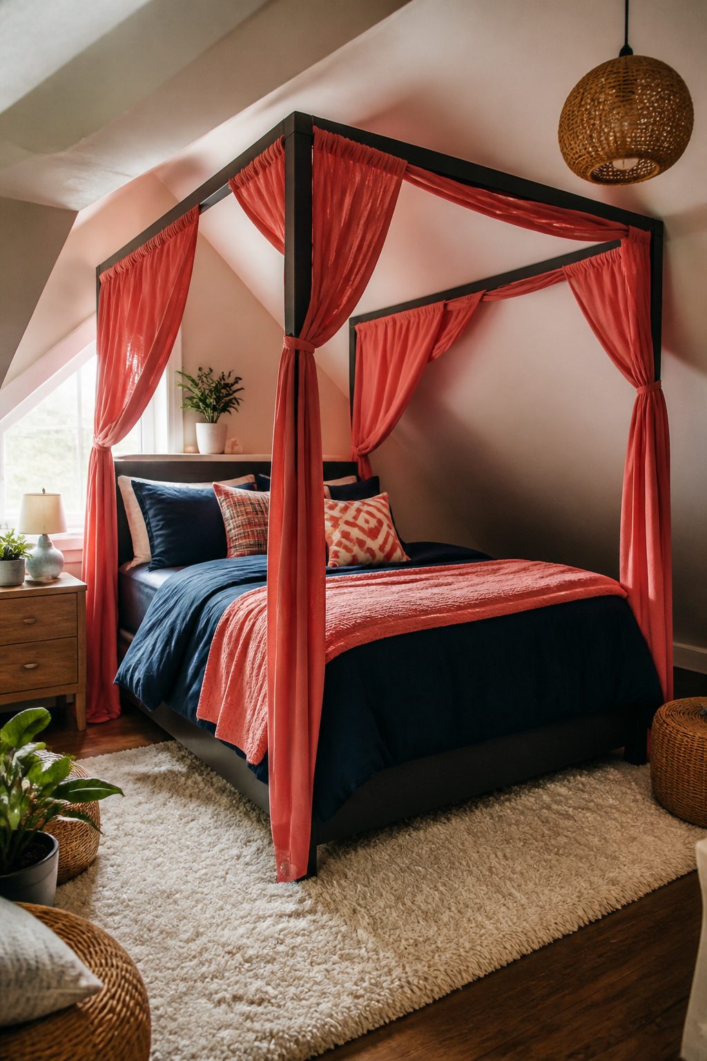 Four-poster bed in an attic bedroom with draped fabric.