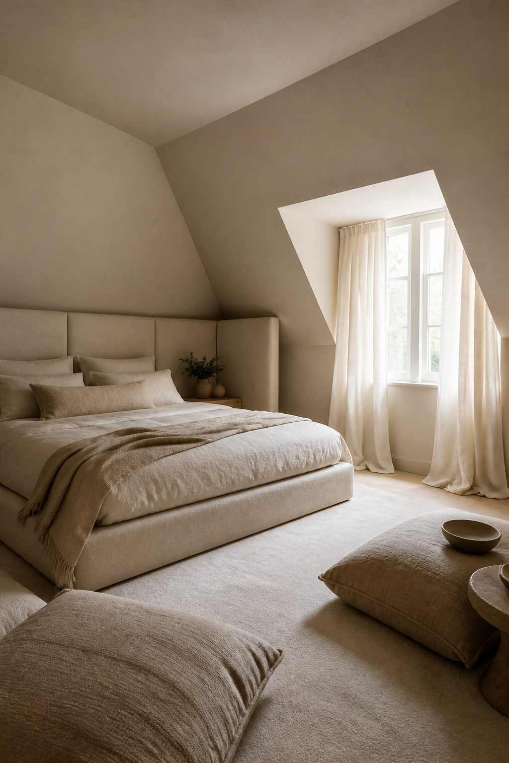 Cozy attic bedroom with upholstered surfaces and large floor cushions.