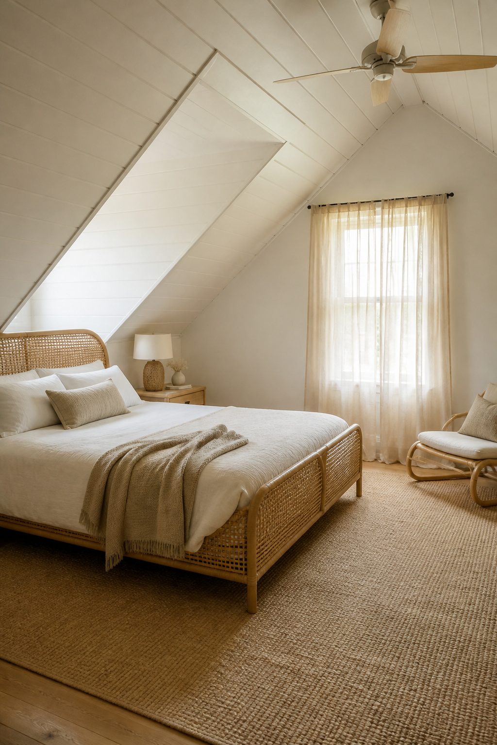 Attic bedroom with white beadboard walls and a sisal rug.