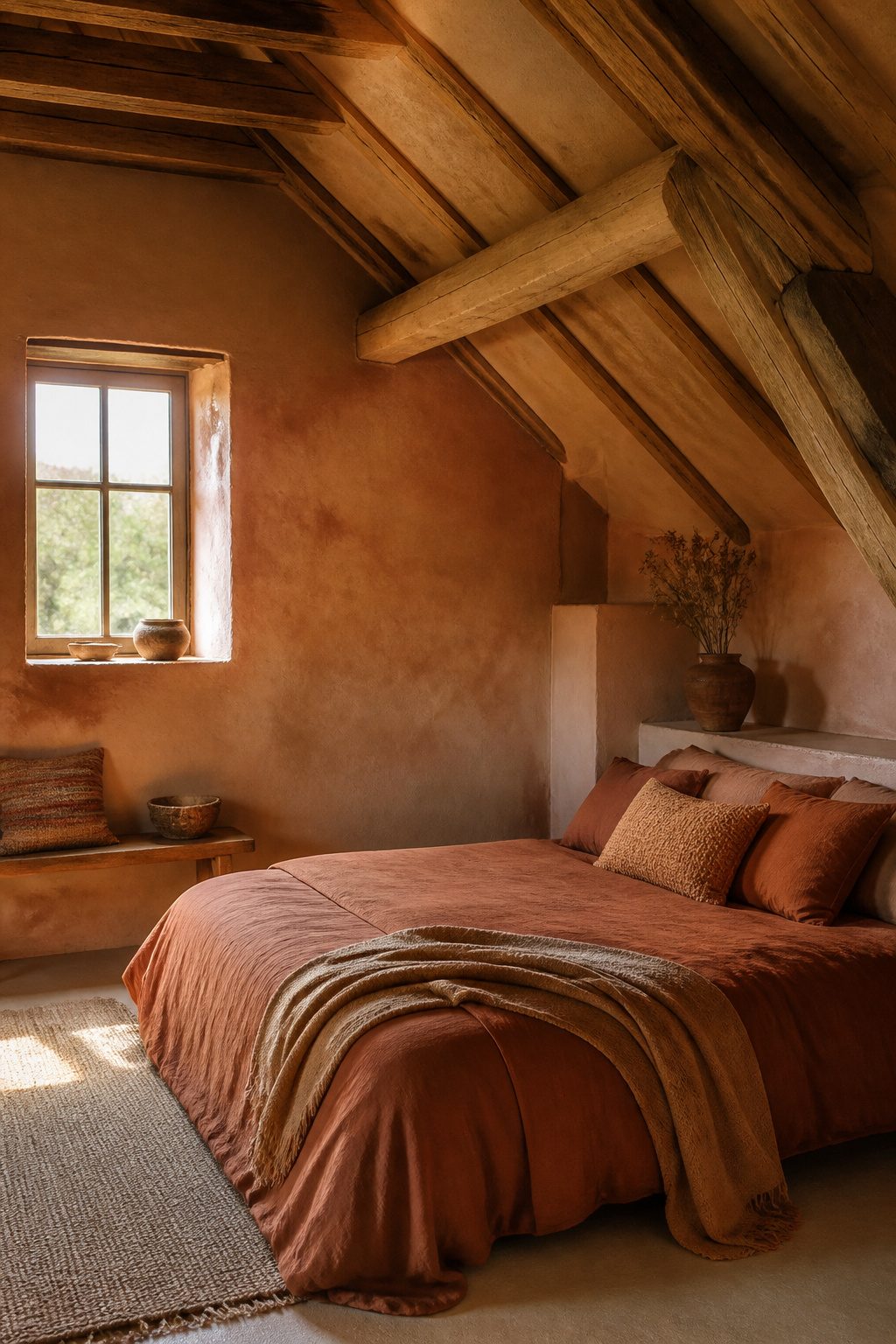 Attic bedroom with warm plaster walls and rustic textiles.