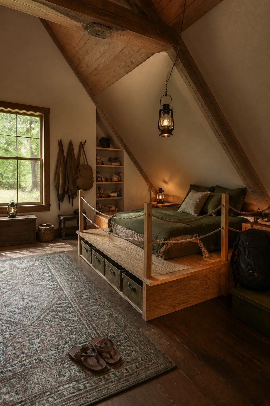 Platform bed made of plywood in an attic bedroom.