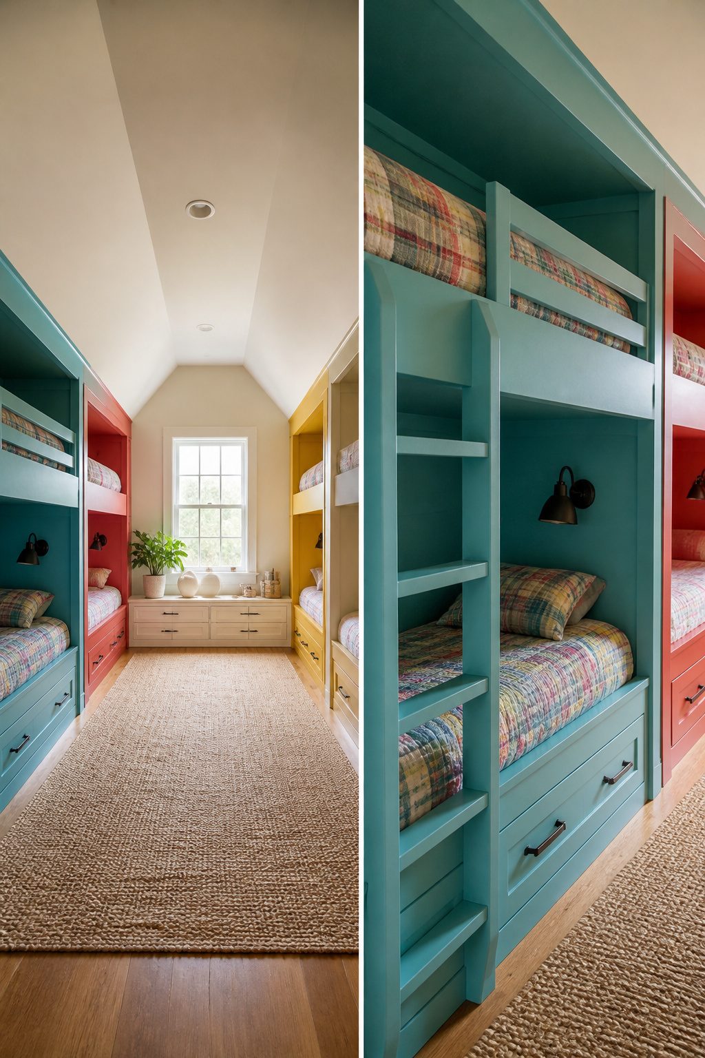 Colorful built-in bunks in an attic bedroom.