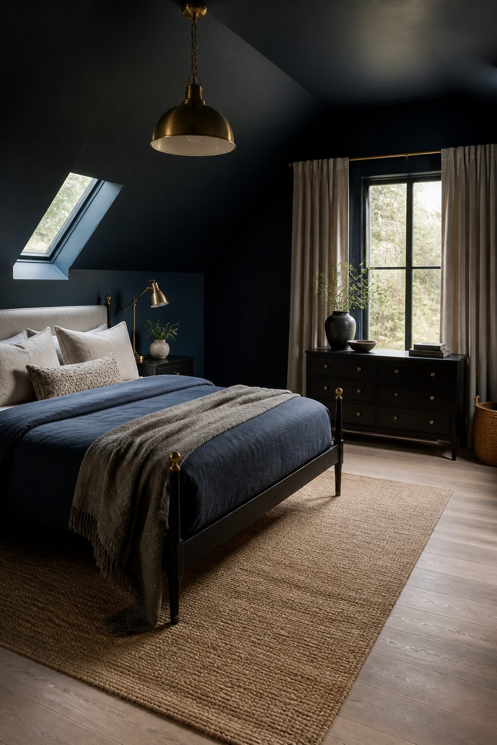 Attic bedroom with navy walls and brass fixtures.